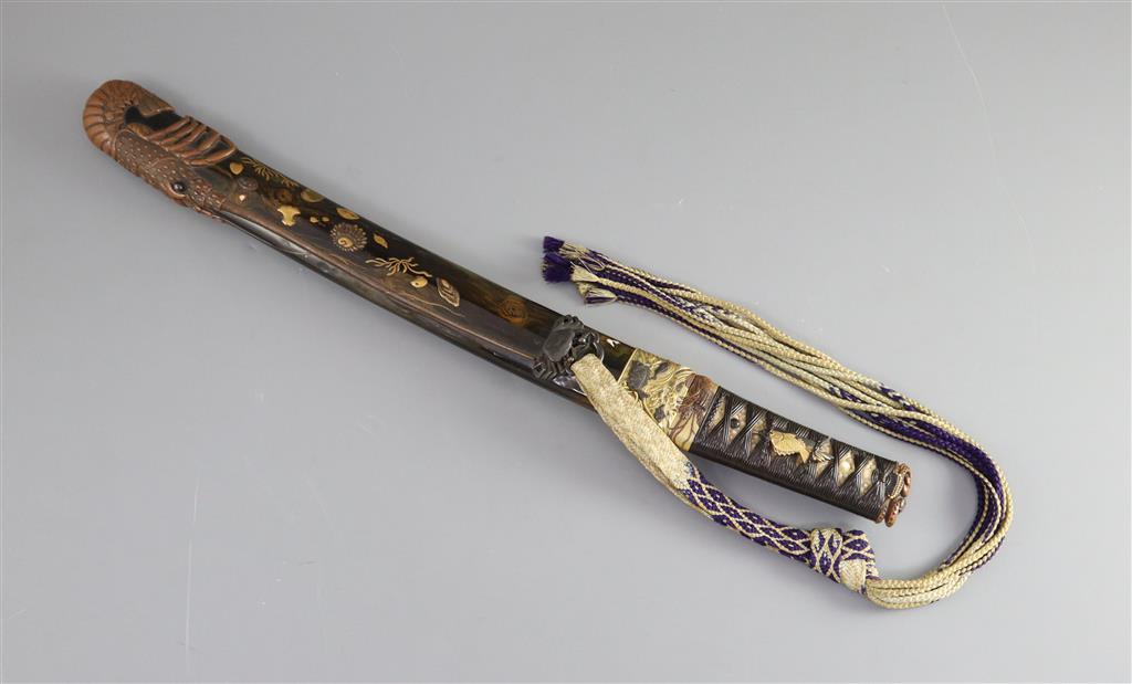 A fine Japanese sea creatures tanto, Meiji period, total length 45.5cm